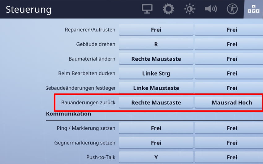 Fortnite Einstellungen Bauänderung zurück